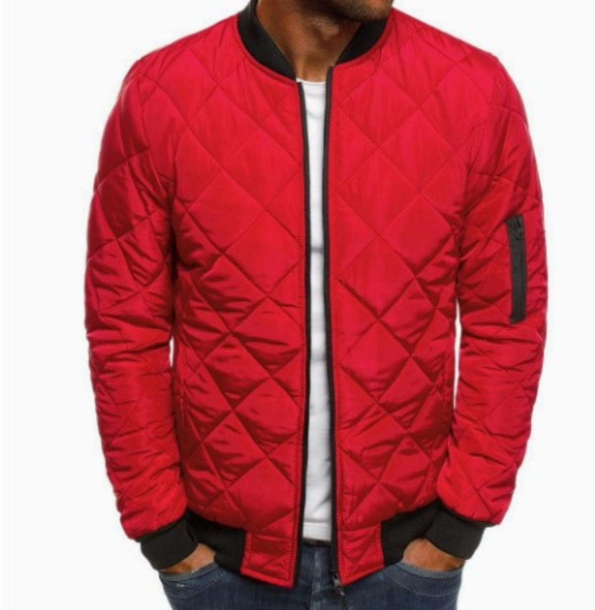 Red diamond quilted bomber jacket with black ribbed trims