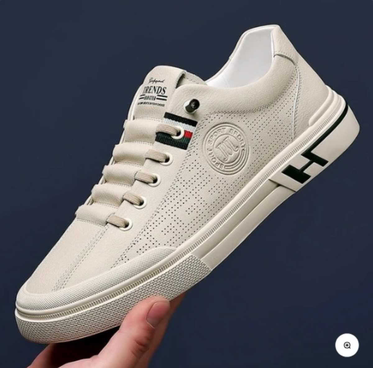 Cream perforated low top trainer with elasticated laces