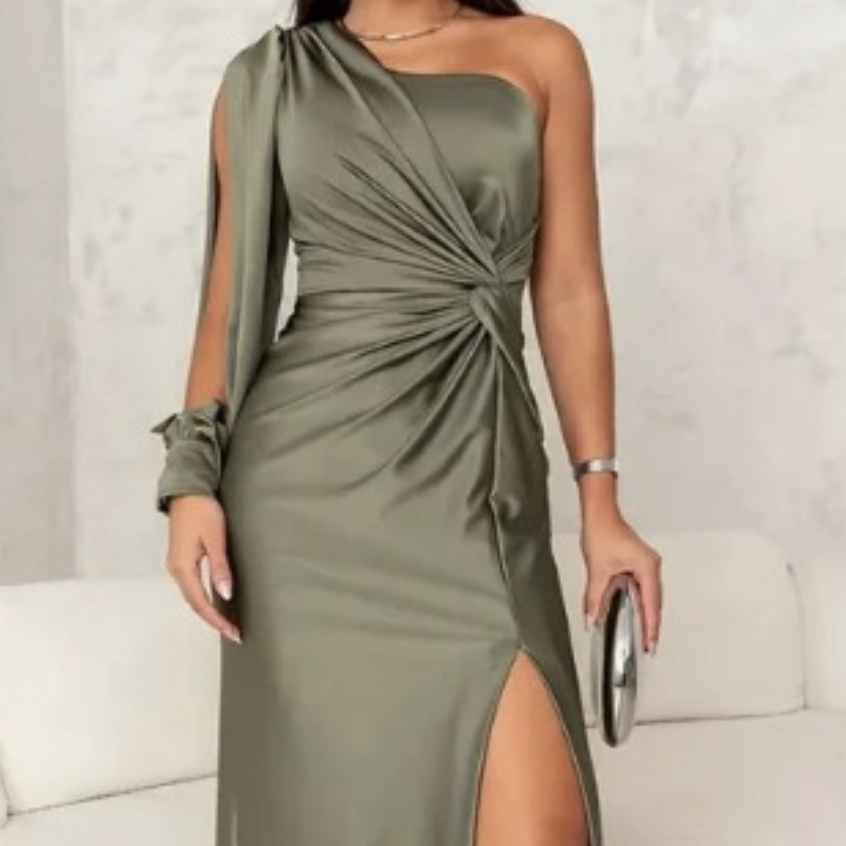 Olive satin one-shoulder maxi gown with a twist knot waist and thigh split