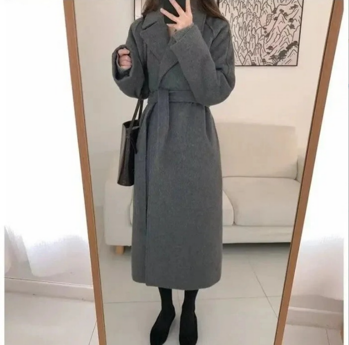 Grey longline wool-blend wrap coat with a self-tie belt